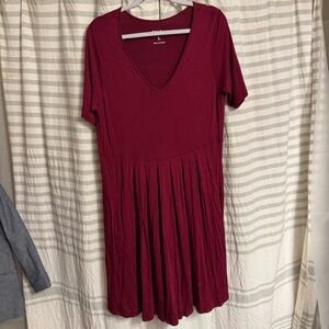 Pleated Dark Pink V-Neck Dress
